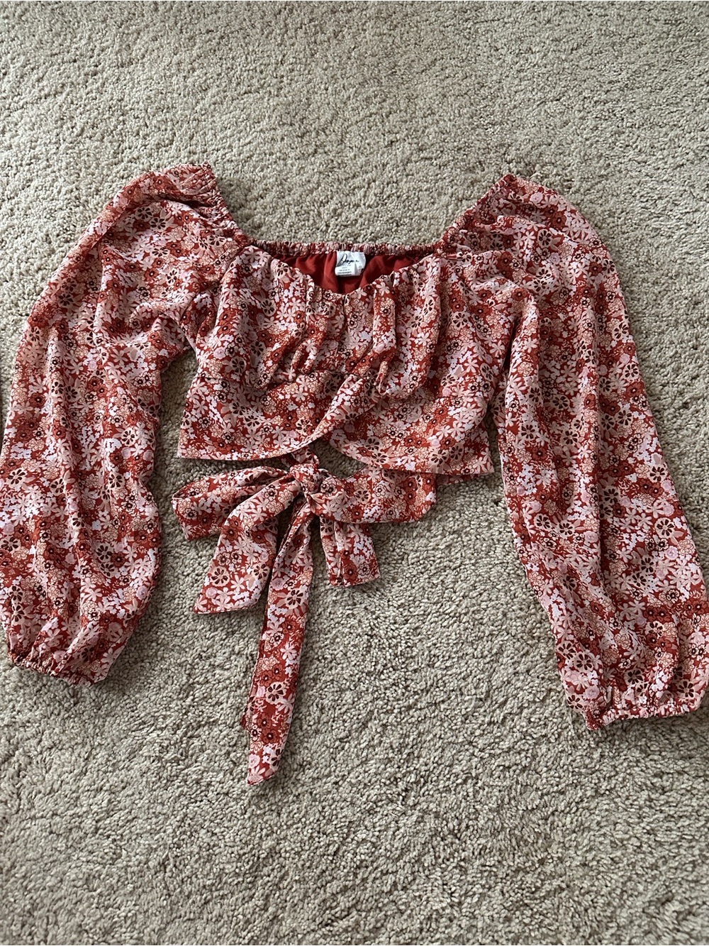 Lulu's Red Floral Tie-Back Long Sleeve Crop Blouse